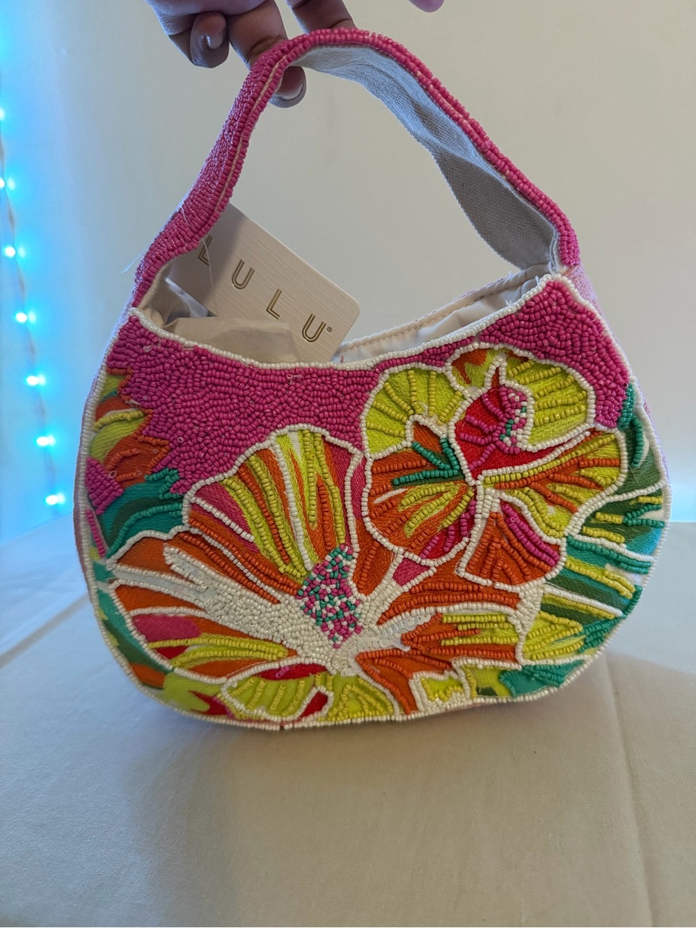 Colorful Beaded Floral Hobo Bag - Pink